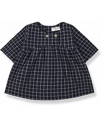 1 + in the family Checked Dress Long Sleeves - Navy Blue - Soft Cotton Fleece Dresses_