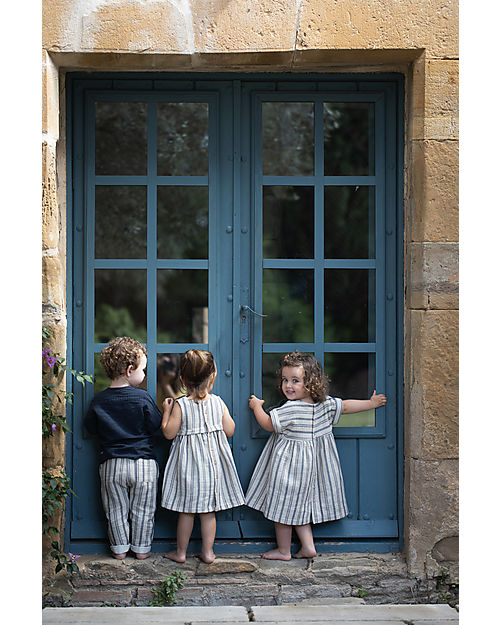 1 + in the family Short Sleeved Striped Dress - Off White and Blue - Cotton Dresses_