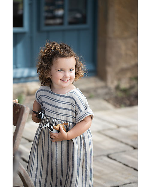 1 + in the family Short Sleeved Striped Dress - Off White and Blue - Cotton Dresses_