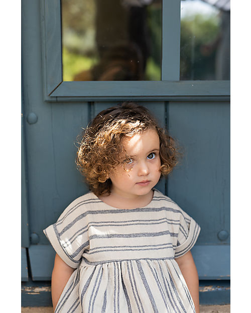 1 + in the family Short Sleeved Striped Dress - Off White and Blue - Cotton Dresses_