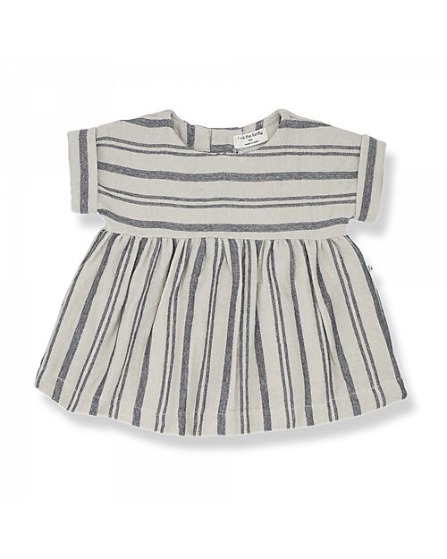 1 + in the family Short Sleeved Striped Dress - Off White and Blue - Cotton Dresses_