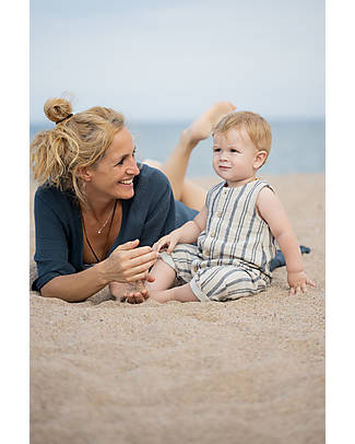 1 + in the family Striped Overall - Off White and Dark Blue - With Practical Buttons Short Rompers