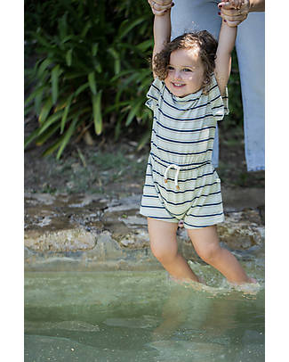 1 + in the family Striped Overall With Volant - Jade and Blue - Cotton Short Rompers