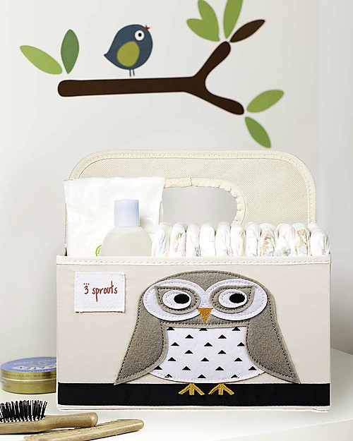 3 Sprouts Diaper Caddy - White Owl - Cotton canvas Storage organisers