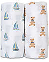 Set of 2 Swaddles 100 x 100 cm - Vintage Bears/Sail Boat - 100% cotton muslin