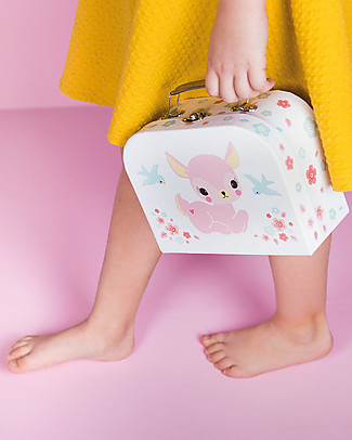 A Little Lovely Company Deer Little Suitcase, Pink/White - 100% Recycled Cardboard Travel Bags