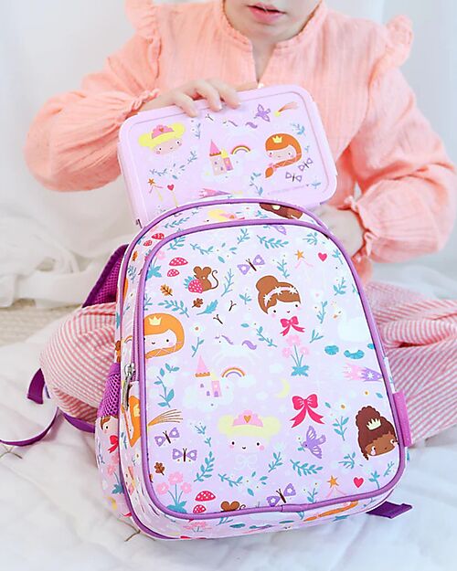 A Little Lovely Company Large Backpack with Thermal Pocket - Princesses - 27x32x19 cm - Keeps food and drinks fresh! Kindergarten Backpacks