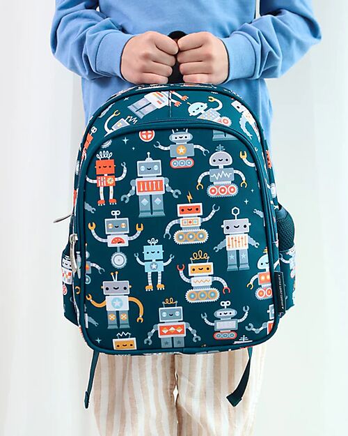 A Little Lovely Company Large Backpack with Thermal Pocket - Robot - 27x32x19 cm - Keeps food and drinks fresh! Kindergarten Backpacks