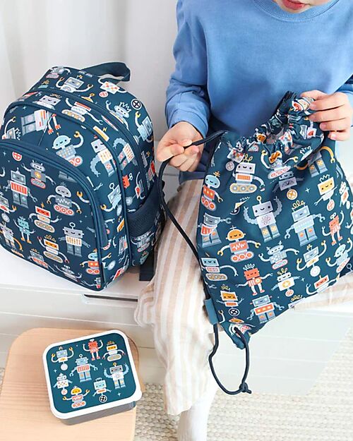 A Little Lovely Company Large Backpack with Thermal Pocket - Robot - 27x32x19 cm - Keeps food and drinks fresh! Kindergarten Backpacks