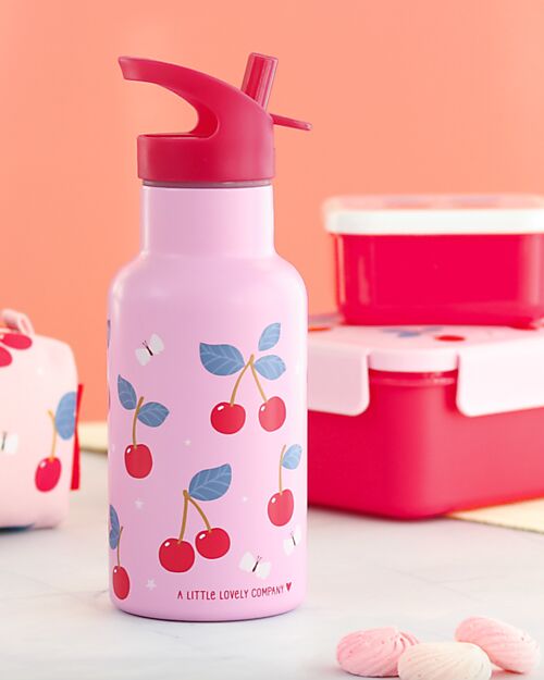 A Little Lovely Company Stainless Steel Drink Bottle - 350ml - Cherries Thermos Bottles