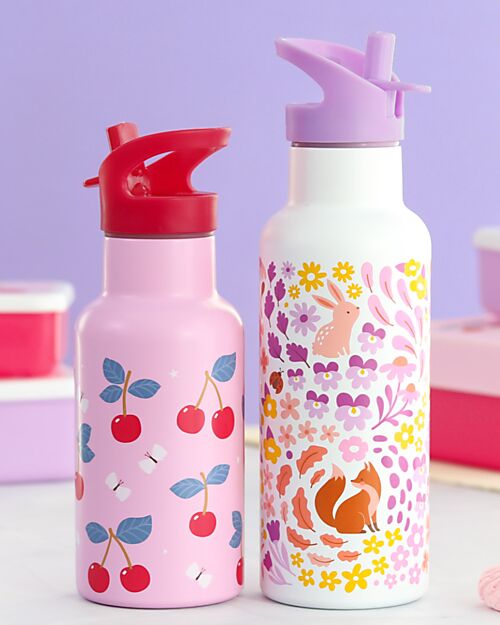 A Little Lovely Company Stainless Steel Drink Bottle - 350ml - Cherries Thermos Bottles