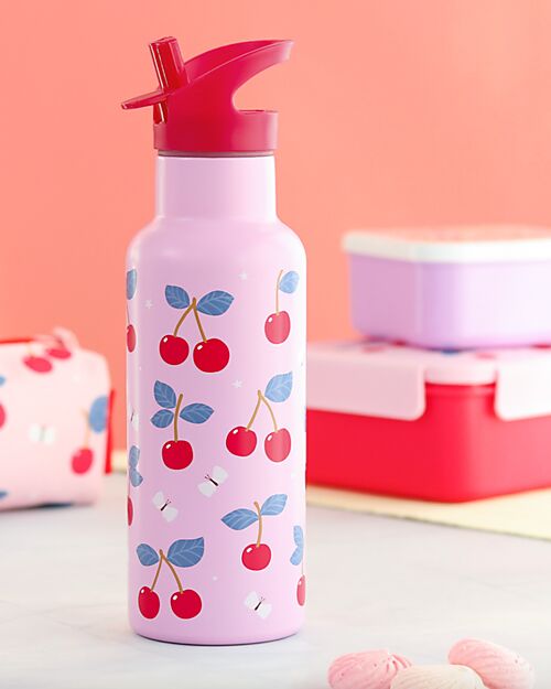 A Little Lovely Company Stainless Steel Drink Bottle - 500 ml - Cherries Non-Thermal Water Bottles