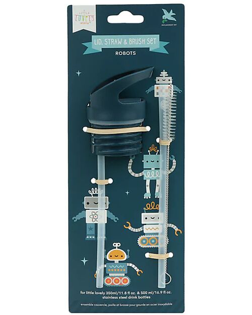 A Little Lovely Company Straw Cap and Brush Kit - Robot Bottle Accessories