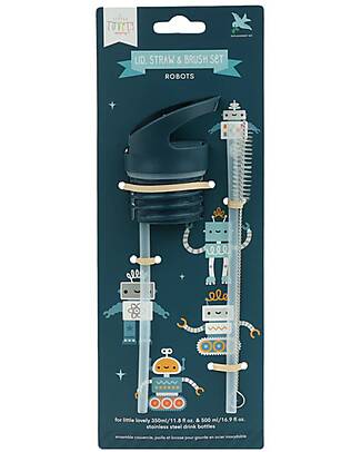 A Little Lovely Company Straw Cap and Brush Kit - Robot Bottle Accessories