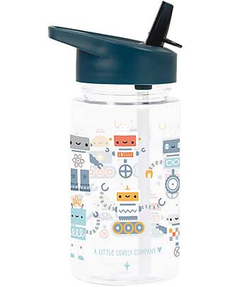 A Little Lovely Company Water Bottle with Straw 450 ml - Robot - BPA Free! Non-Thermal Water Bottles