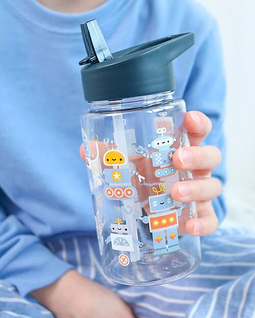 A Little Lovely Company Water Bottle with Straw 450 ml - Robot - BPA Free! Non-Thermal Water Bottles