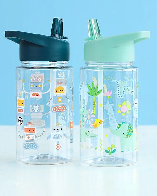 A Little Lovely Company Water Bottle with Straw 450 ml - Robot - BPA Free! Non-Thermal Water Bottles