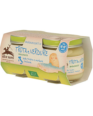 Alce Nero Homogenised of Organic Trout with Vegetables, 2 Jars - 100% Italian ingredients Baby Food