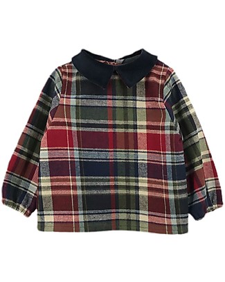 ANG Studio Anice - Long Sleeve Shirt with Collar - Tartan Bordeaux Green - 100% Oeko Tex Cotton Shirts And Blouses