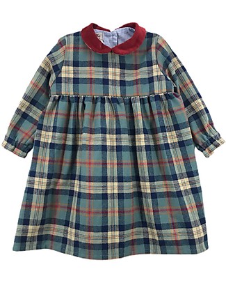 ANG Studio Caterina Baby - Long Dress with Red Collar - Tartan Turquoise - 100% Oeko Tex Cotton Dresses_
