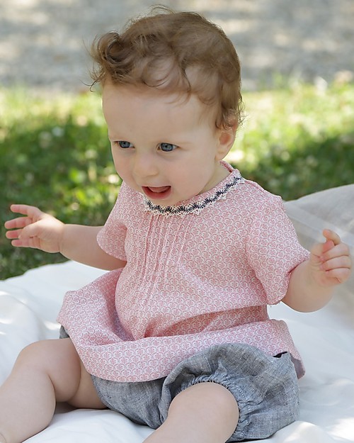 ANG Studio Isotta Tunic Dress with Lace Neckline, Pink Flowers - 100% cotton Dresses_
