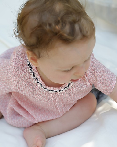 ANG Studio Isotta Tunic Dress with Lace Neckline, Pink Flowers - 100% cotton Dresses_
