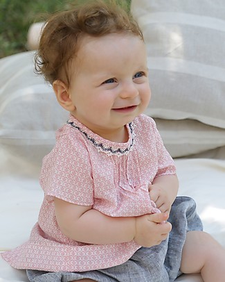Ang Un Bebé Isotta Tunic Dress with Lace Neckline, Pink Flowers - 100% cotton Dresses