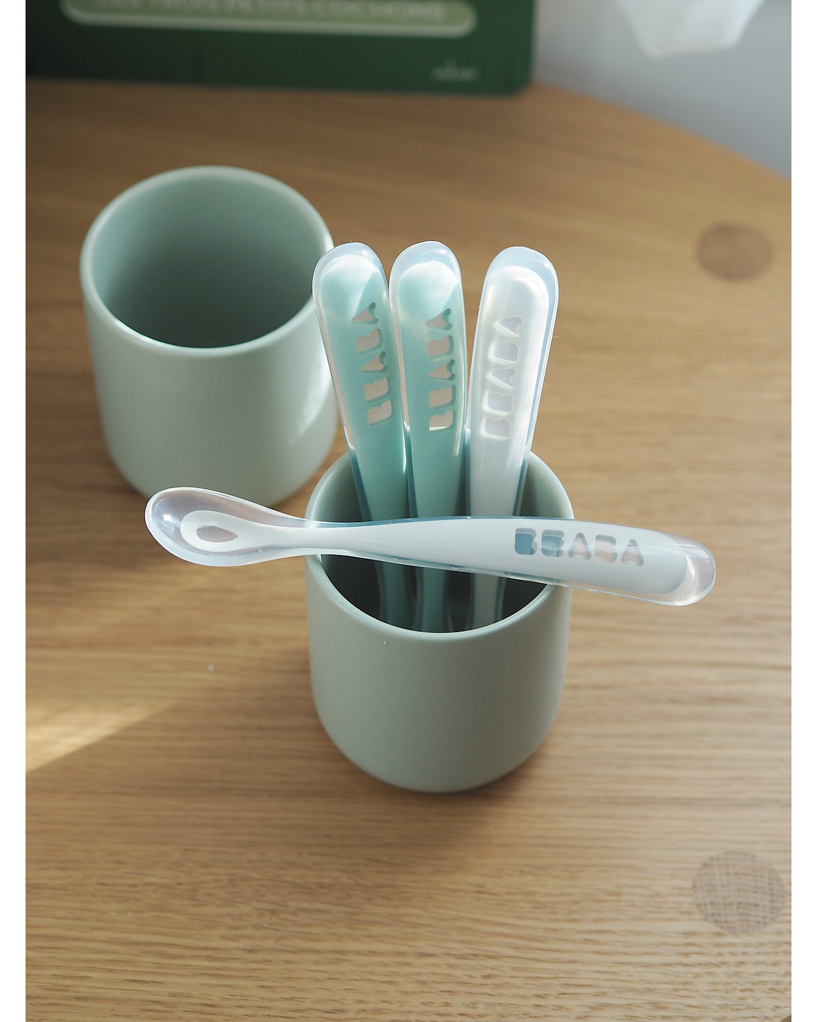 BEABA Toddlers' Self Feeding Silicone Spoons Set - Travel Set of 2 -  Grey/Sage