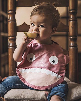 Baby Bites Shark Waterproof Bib - Pink - Organic Cotton - with Pocket! Waterproof Bibs