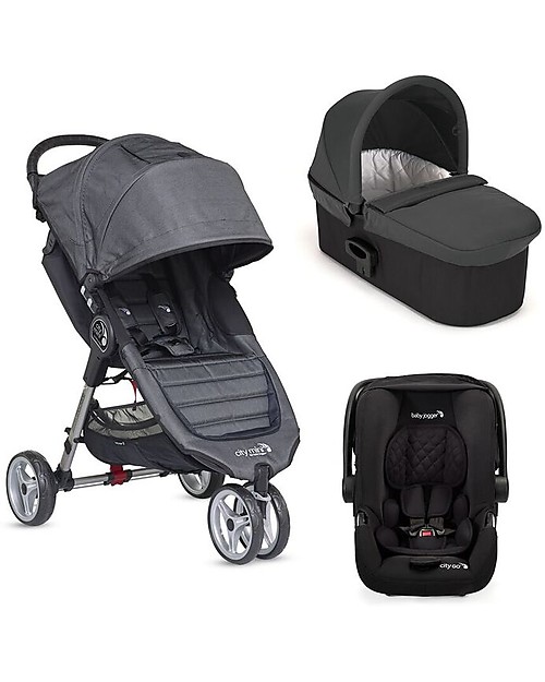 Baby Jogger Travel System Trio City 3 Deluxe, Charcoal - City Mini 3 + Deluxe Carry Cot + Handrail + City GO + Adapters unisex (bambini)