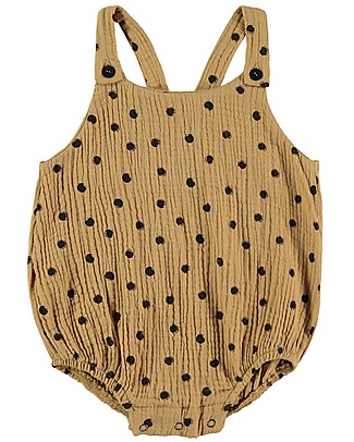 BabyClic Sleeveless Romper - Dots - Ocher/Black - 100% Cotton Muslin Babygrows