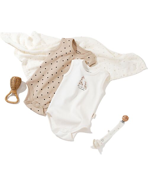 Babycosy Set 2 Sleeveless Bodysuit Giraffe  - Ecru and Mink - 100% GOTS Organic Cotton Short Sleeves Bodies