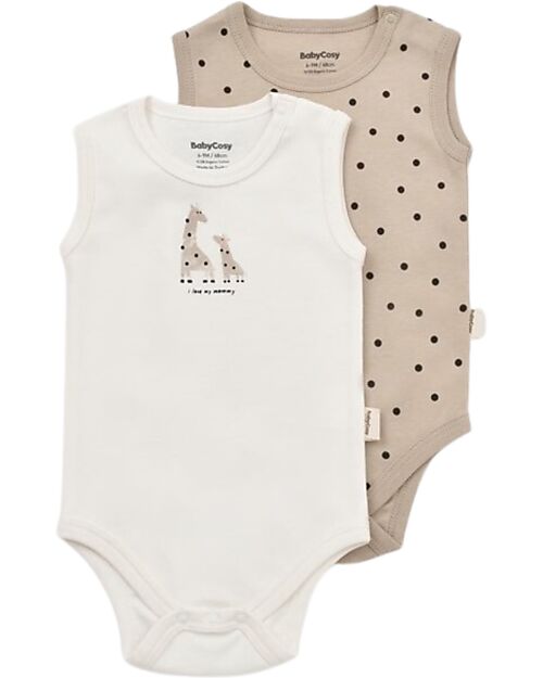 Babycosy Set 2 Sleeveless Bodysuit Giraffe  - Ecru and Mink - 100% GOTS Organic Cotton Short Sleeves Bodies