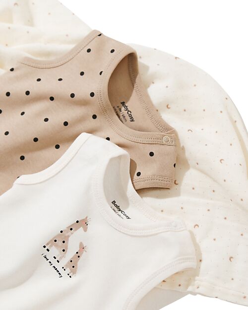 Babycosy Set 2 Sleeveless Bodysuit Giraffe  - Ecru and Mink - 100% GOTS Organic Cotton Short Sleeves Bodies