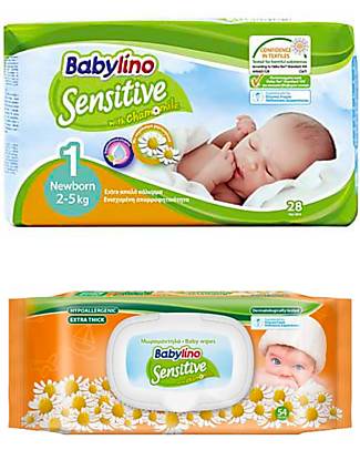 Babylino Diapers Sensitive + Chamomile Baby Wipes - Size 1/2/3 Eco Nappies