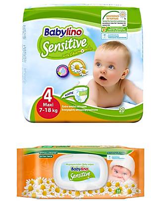 Babylino Diapers Sensitive + Chamomile Baby Wipes - Size 4-7 Eco Nappies