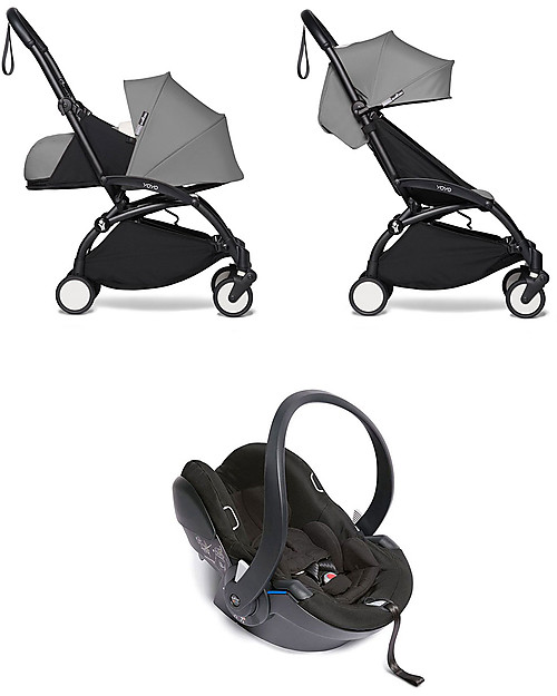 Babyzen Trio YOYO² Stroller - Black Frame + Grey Textile 0+ and 6+ + Izi Go Car Seat 0+ Lights Strollers
