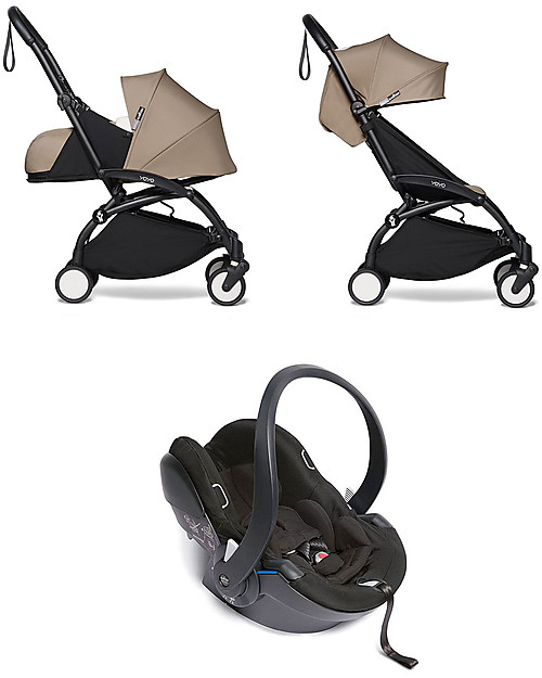 Babyzen Trio YOYO² Stroller - Black Frame + Taupe Textile 0+ and 6+ + Izi Go Car Seat 0+ Trio and Duo Strollers