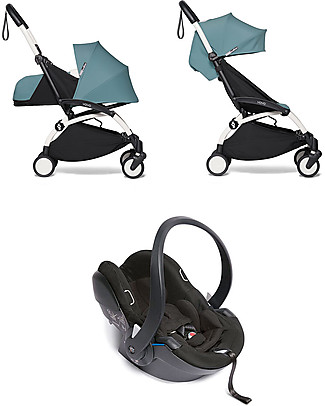 Babyzen Trio YOYO² Stroller - White Frame + Acqua Textile 0+ and 6+ + Izi Go Car Seat 0+ Travel Systems
