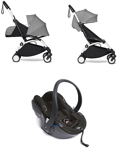 Babyzen Trio YOYO² Stroller - White Frame + Grey Textile 0+ and 6+ + Izi Go Car Seat 0+ Trio and Duo Strollers