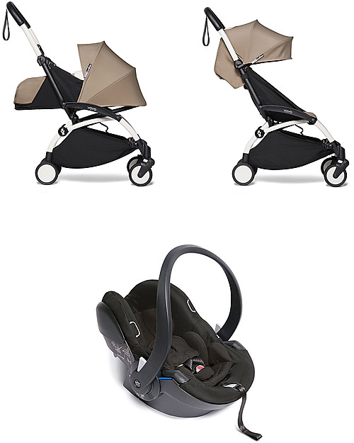 Babyzen Trio YOYO² Stroller - White Frame + Taupe Textile 0+ and 6+ + Izi Go Car Seat 0+ Trio and Duo Strollers