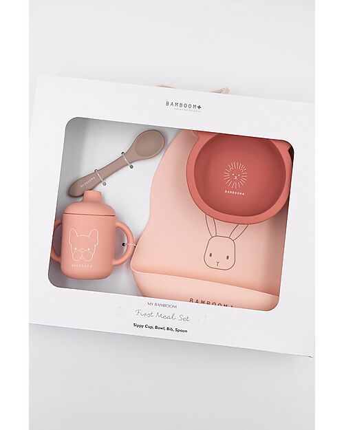 Pink Silicone Suction First Feeding Set with Bowl, Spoon + Lid