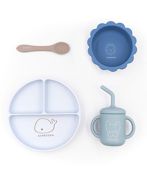 Bamboom Baby Meal Set - Plate + Bowl + Spoon + Glass - Blue - Antibacterial Silicone Meal Sets