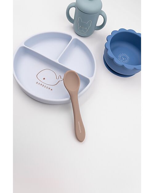 Bamboom Baby Meal Set - Plate + Bowl + Spoon + Glass - Blue - Antibacterial Silicone Meal Sets