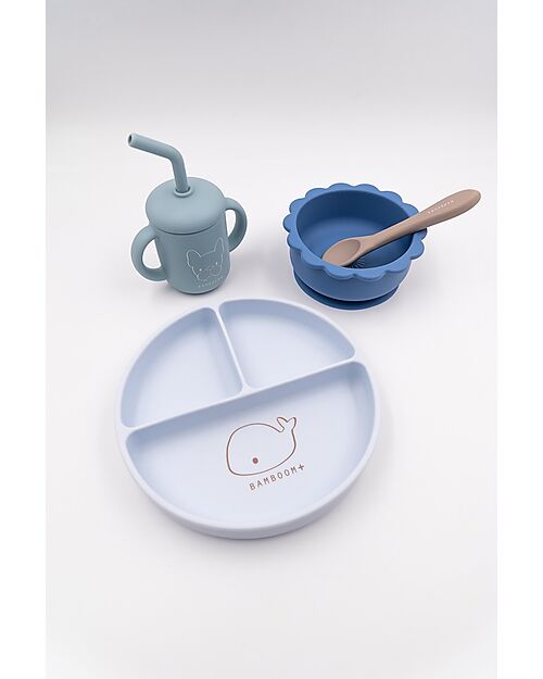 Bamboom Baby Meal Set - Plate + Bowl + Spoon + Glass - Blue - Antibacterial Silicone Meal Sets