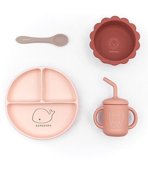 Bamboom Baby Meal Set - Plate + Bowl + Spoon + Glass - Pink - Antibacterial Silicone Meal Sets