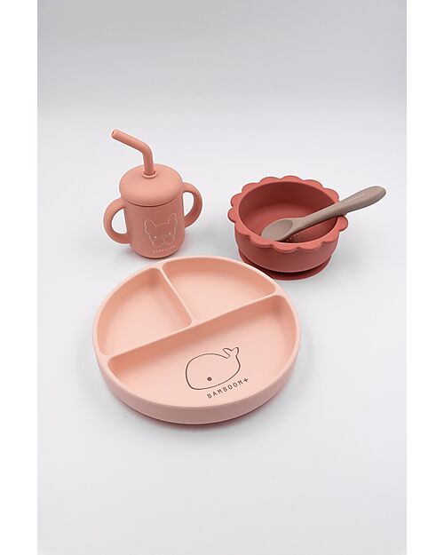 Bamboom Baby Meal Set - Plate + Bowl + Spoon + Glass - Pink - Antibacterial Silicone Meal Sets