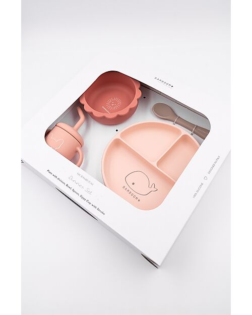 Bamboom Baby Meal Set - Plate + Bowl + Spoon + Glass - Pink - Antibacterial Silicone Meal Sets