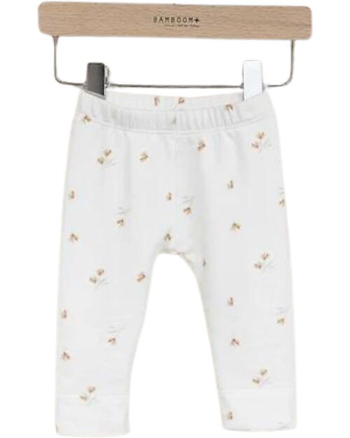 Bamboom Leggings with Fleece Lining - White with Flower Print - 95% Natural Bamboo - 5% Elastane Leggings