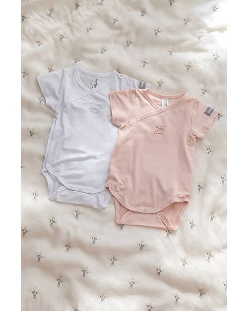 Bamboom Pack of 2 Short Sleeve Bodysuits - White/Pink - Stretch Organic Bamboo Short Sleeves Bodies
